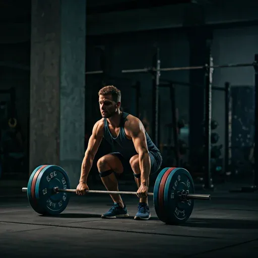 Atleta preparándose para un levantamiento pesado en un gimnasio oscuro