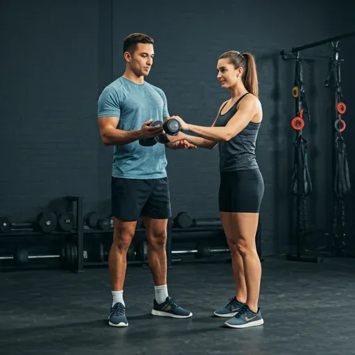 Personal trainer helping client with weights